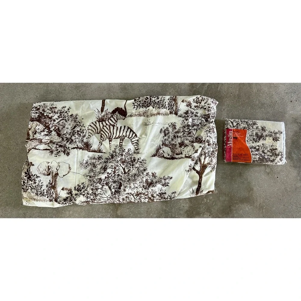 Vintage Montgomery Ward Muslin Fitted Flat Sheet Set Safari Jungle